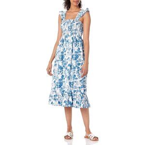 The Drop Kimi Ruffled Shoulder Smocked Midi Dress Blue Floral Print Ruffle Strap